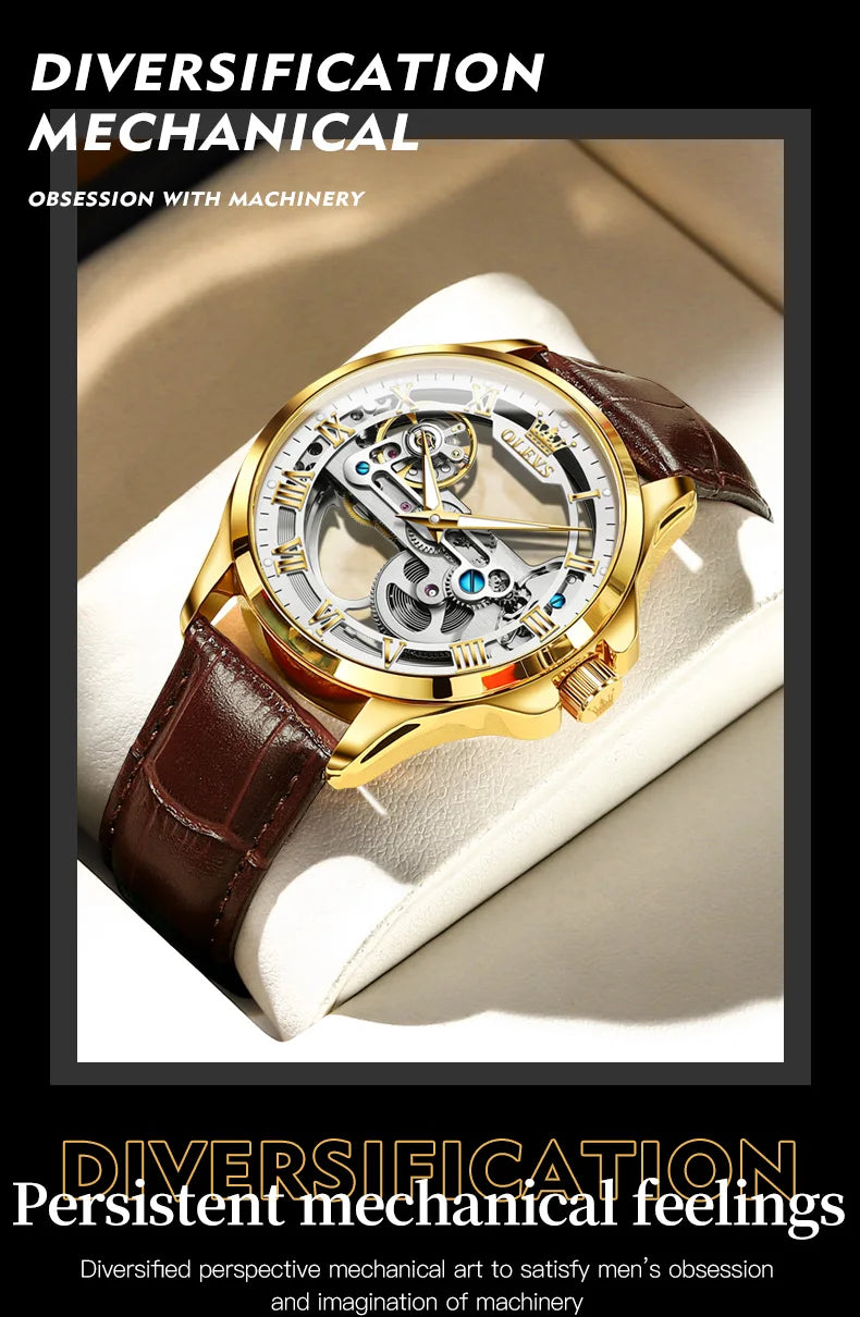 Automatic Skeleton Mechanical Watch – Leather Strap for Luxury Mens Formal Wear