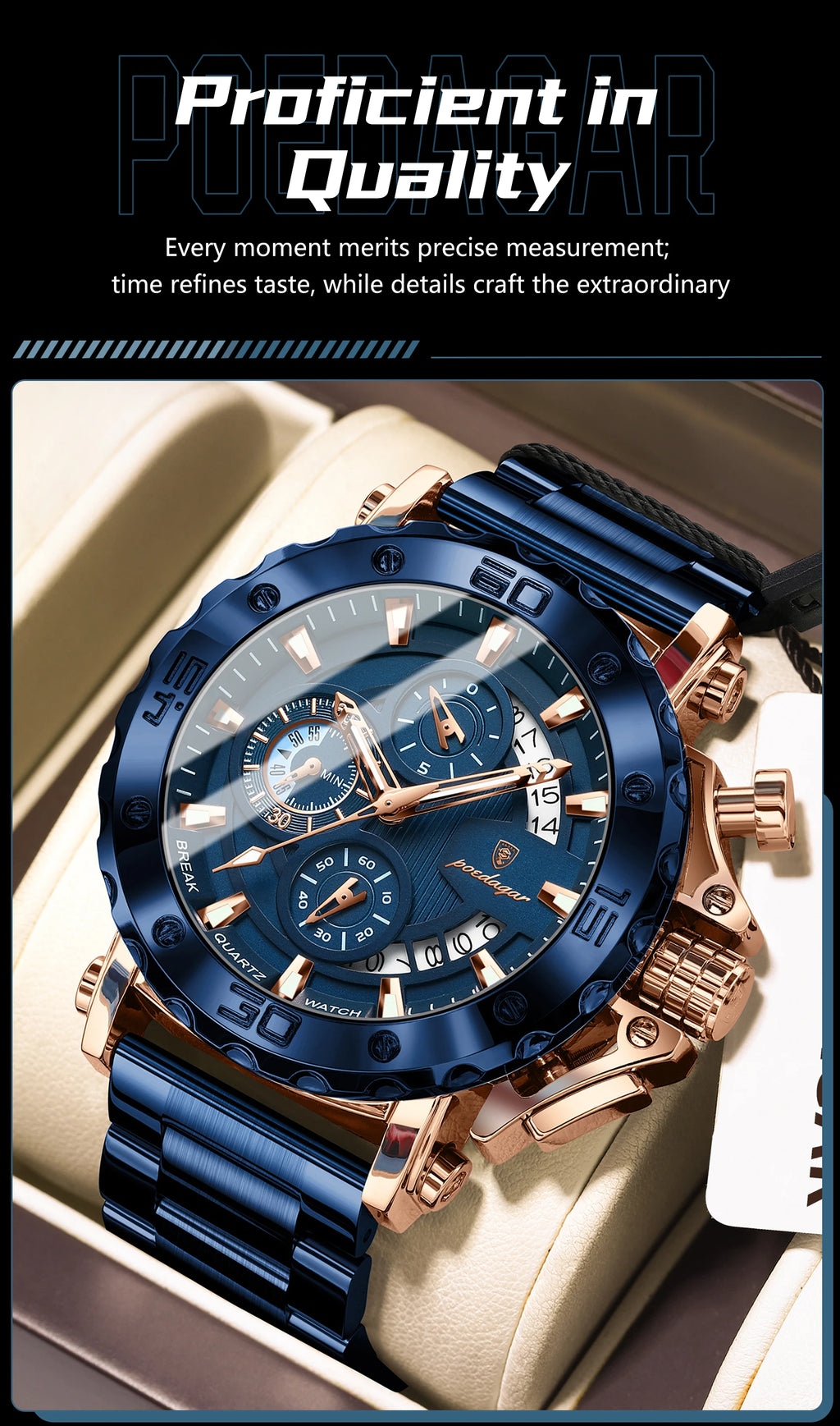 Stainless Steel Chronograph Watch – Luminous Waterproof Quartz for Men