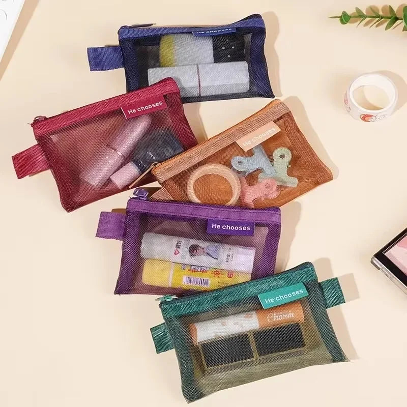 Transparent Mesh Zipper Pouch – Compact Organizer for Travel and Cables