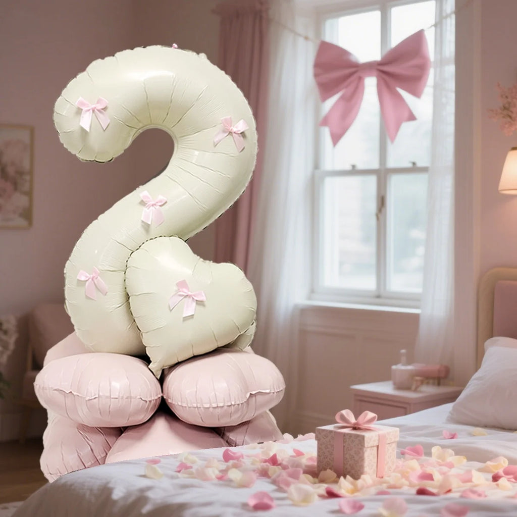 40-Inch Cream White Number Balloon Set – Heart Foil Decor for Kids Birthday