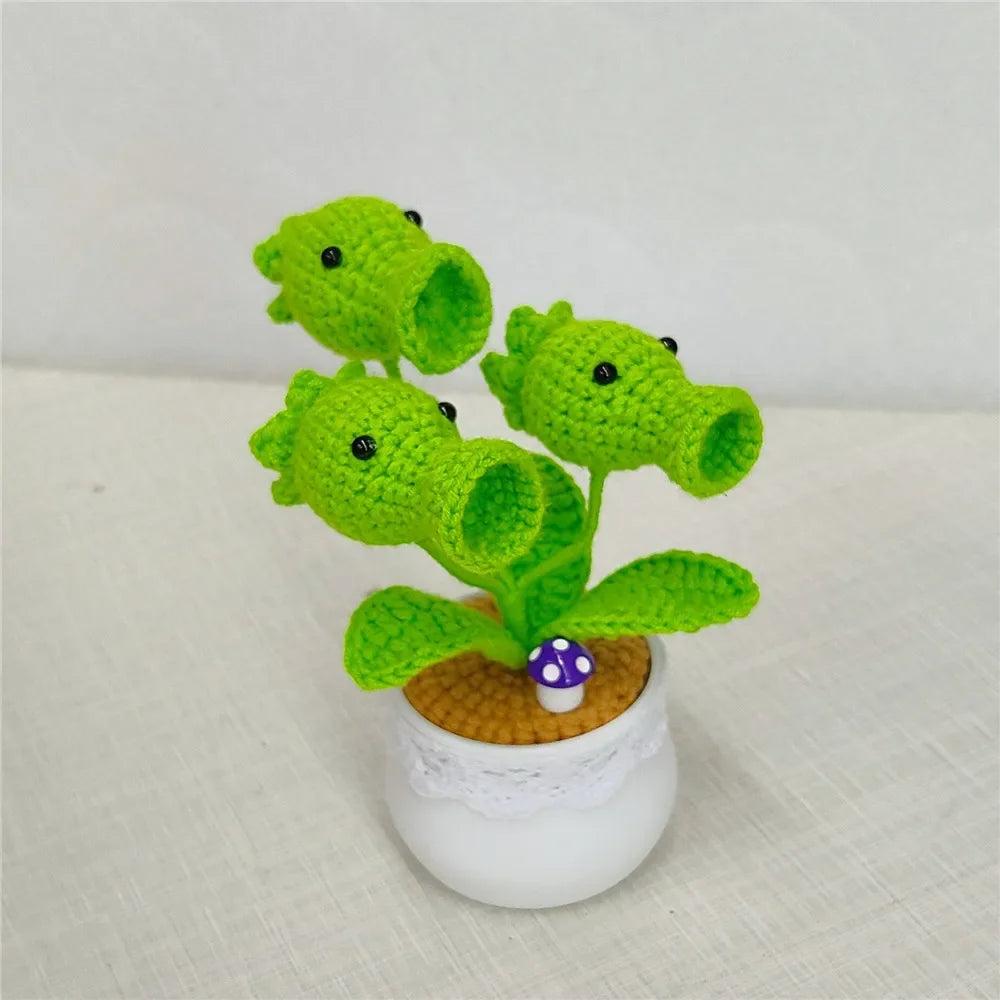 Knitted Sunflower and Pea Shooter – Plush Desk Decor for Home Office Gifts