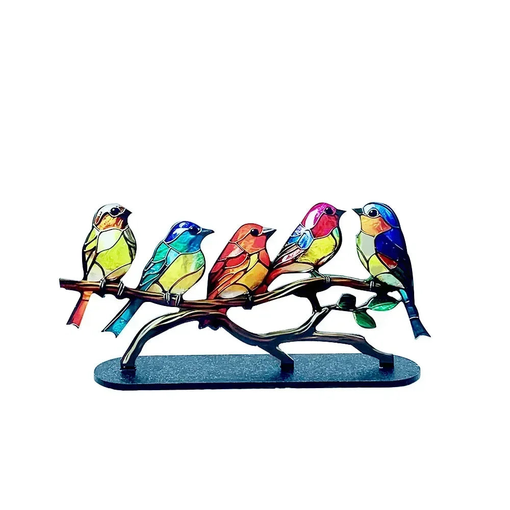 Stained Acrylic Bird Statue – Colorful 2D Branch Ornament for Home Decor