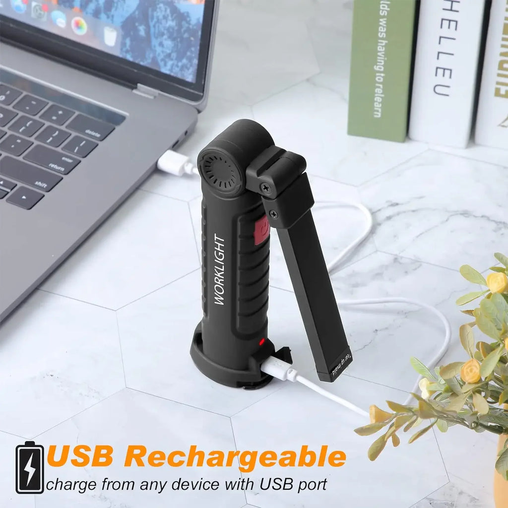 Rechargeable Magnetic Work Light – 360 Rotating Flashlight for Repair Camping