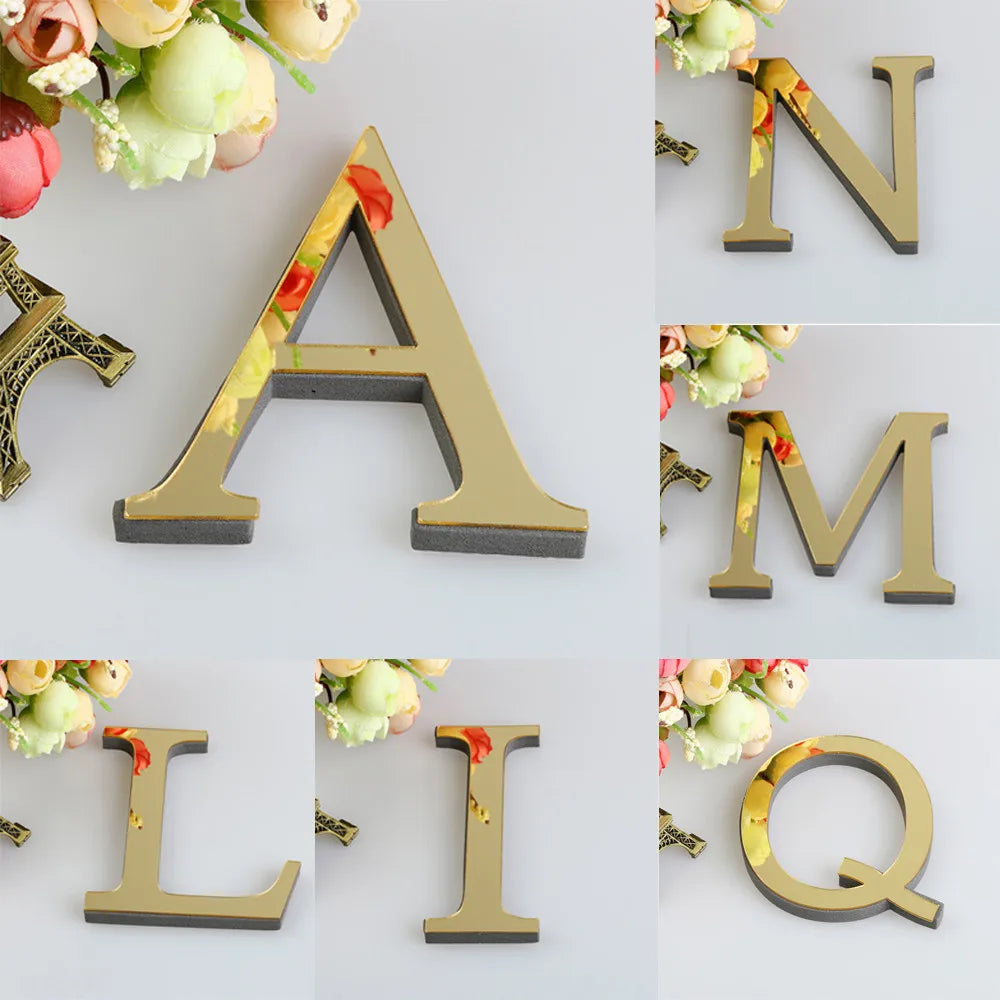 3D Gold Acrylic Letter Wall Stickers – Self-Adhesive Alphabet Home Decor