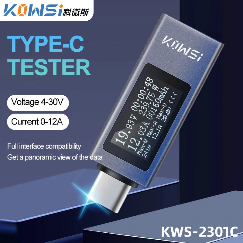 Digital USB-C Power Tester – Voltage and Current Monitor for Battery Testing
