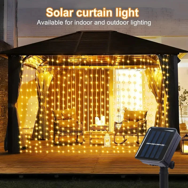 Solar LED Curtain String Lights – 8 Mode Waterproof Decor for Outdoor Garden