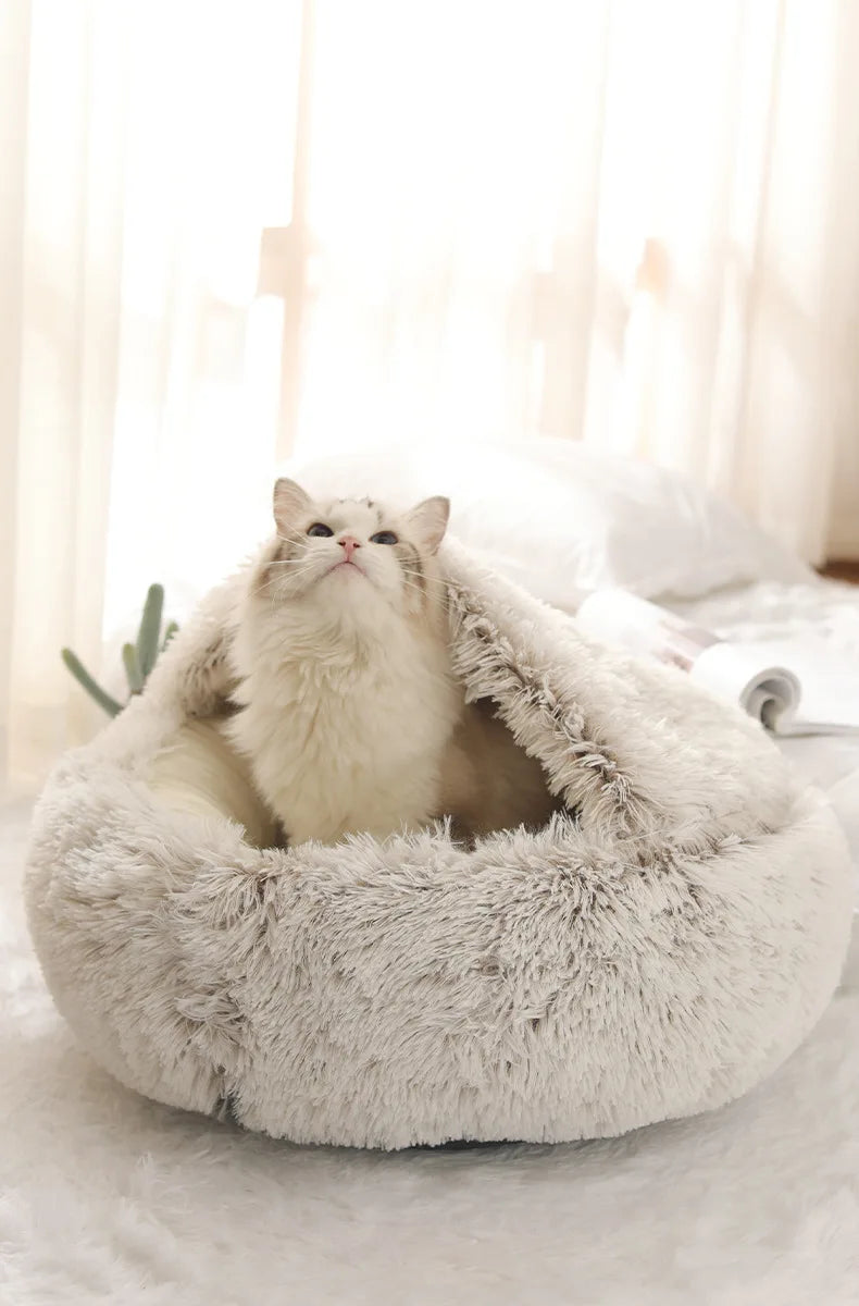 Semi-Enclosed Plush Pet Bed – Warm Winter Shell Nest for Cats and Small Dogs