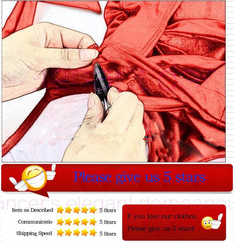 Hands using pliers to adjust a red fabric garment, customer review request below.
