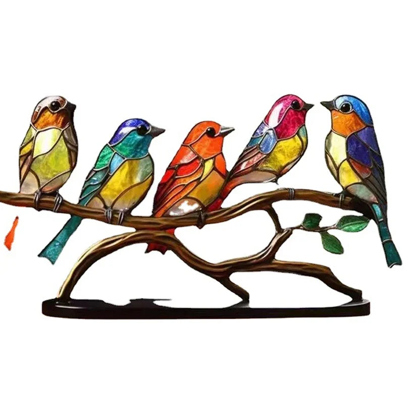 Stained Acrylic Bird Statue – Colorful 2D Branch Ornament for Home Decor