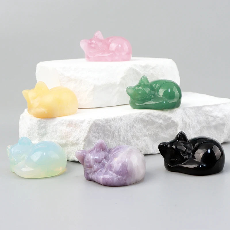 Carved Crystal Cat Figurine – Natural Stone Animal Statue for Home Decor