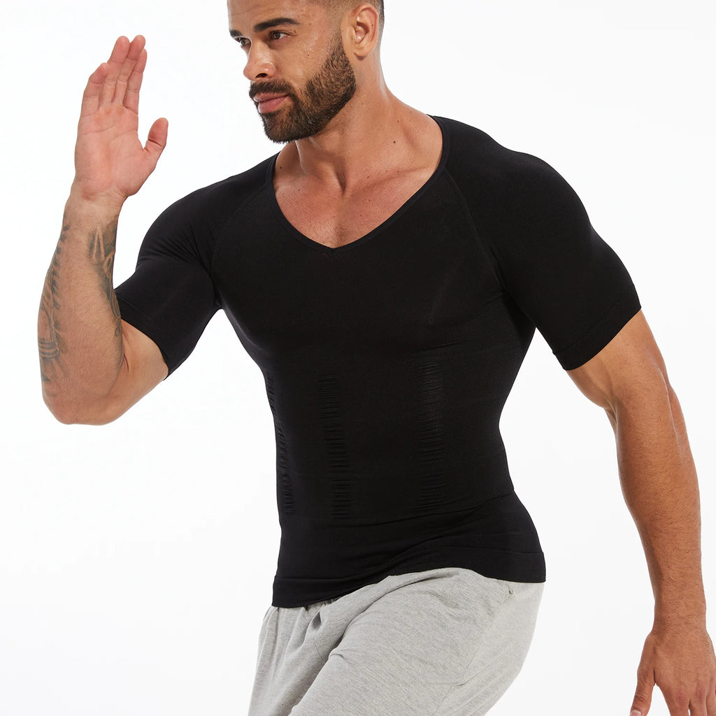 Men's Compression Shapewear Shirt – V-Neck Tummy Control for Fitness Workout
