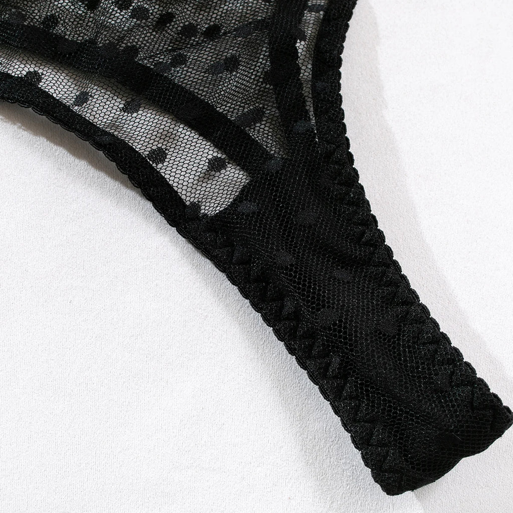Polka Dot Mesh Lingerie Set – Sheer Underwire Bra and G-String for Women