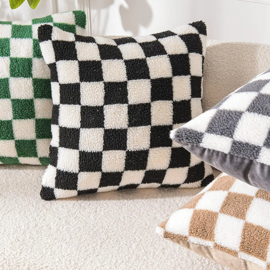 Black Faux Fur Throw Pillow Cover – Checked Wool Cushion for Sofa Decor