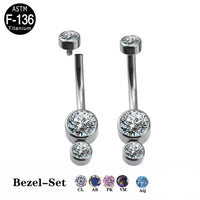 Titanium bezel-set belly button rings with clear and colored gemstones, ASTM F-136 jewelry