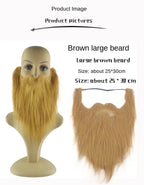 Large brown fake beard, approximately 25x30 cm, displayed on a mannequin and separately.