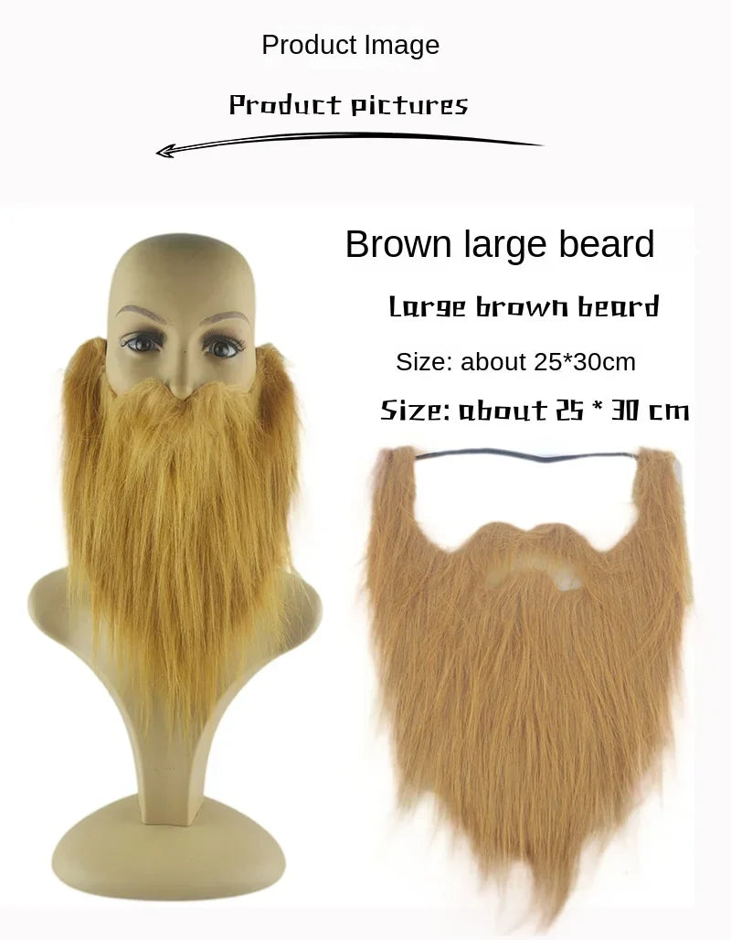 Large brown fake beard, approximately 25x30 cm, displayed on a mannequin and separately.