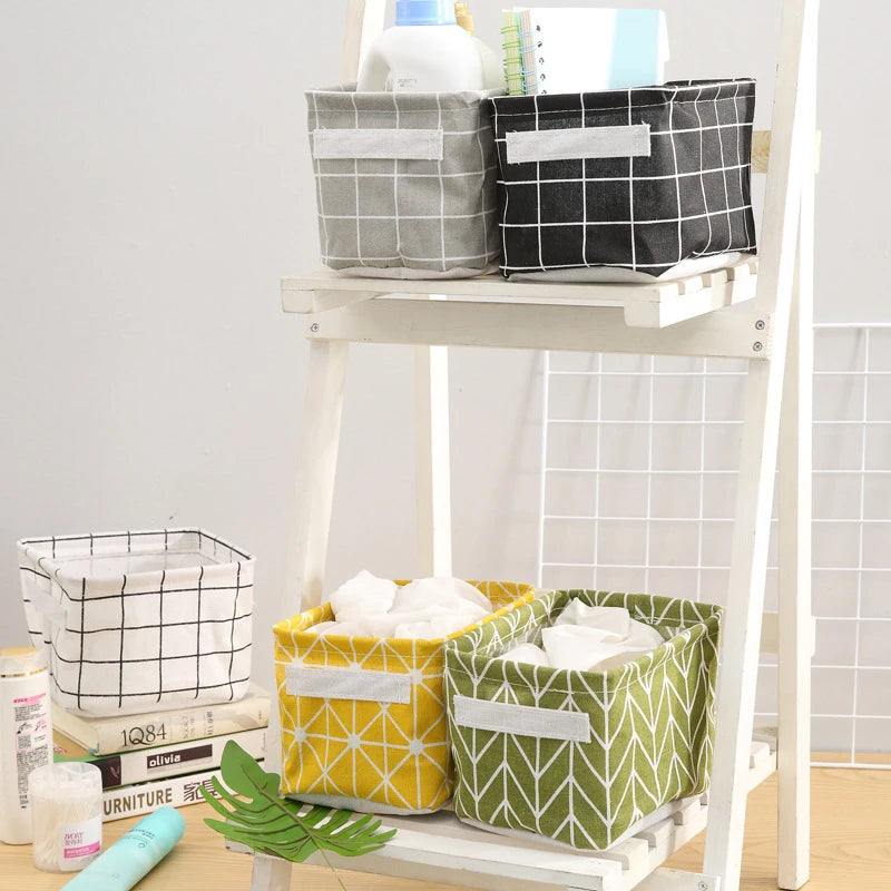 Foldable Cotton Linen Storage Basket – Small Desktop Organizer for Home