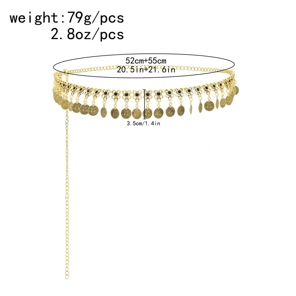 Gold coin chain waist belt with adjustable length and hanging coin pendants, boho jewelry accessory.