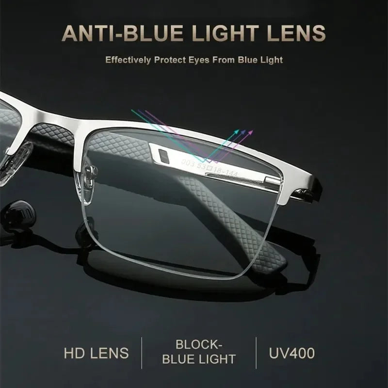 Metal Half-Frame Reading Glasses – Anti-Blue Light Eyewear for Business