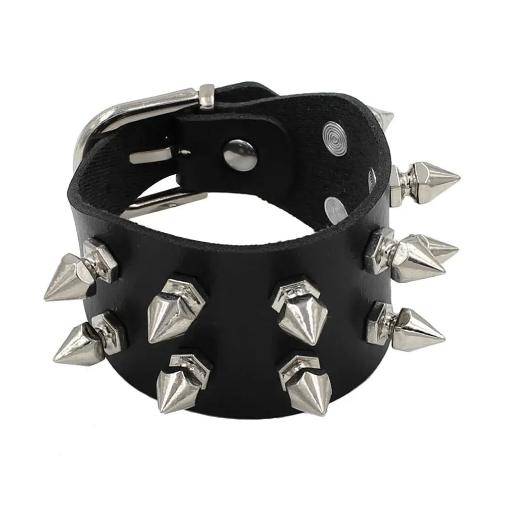 Studded Faux Leather Cuff Bracelet – Adjustable Spike Rivet Punk Cosplay