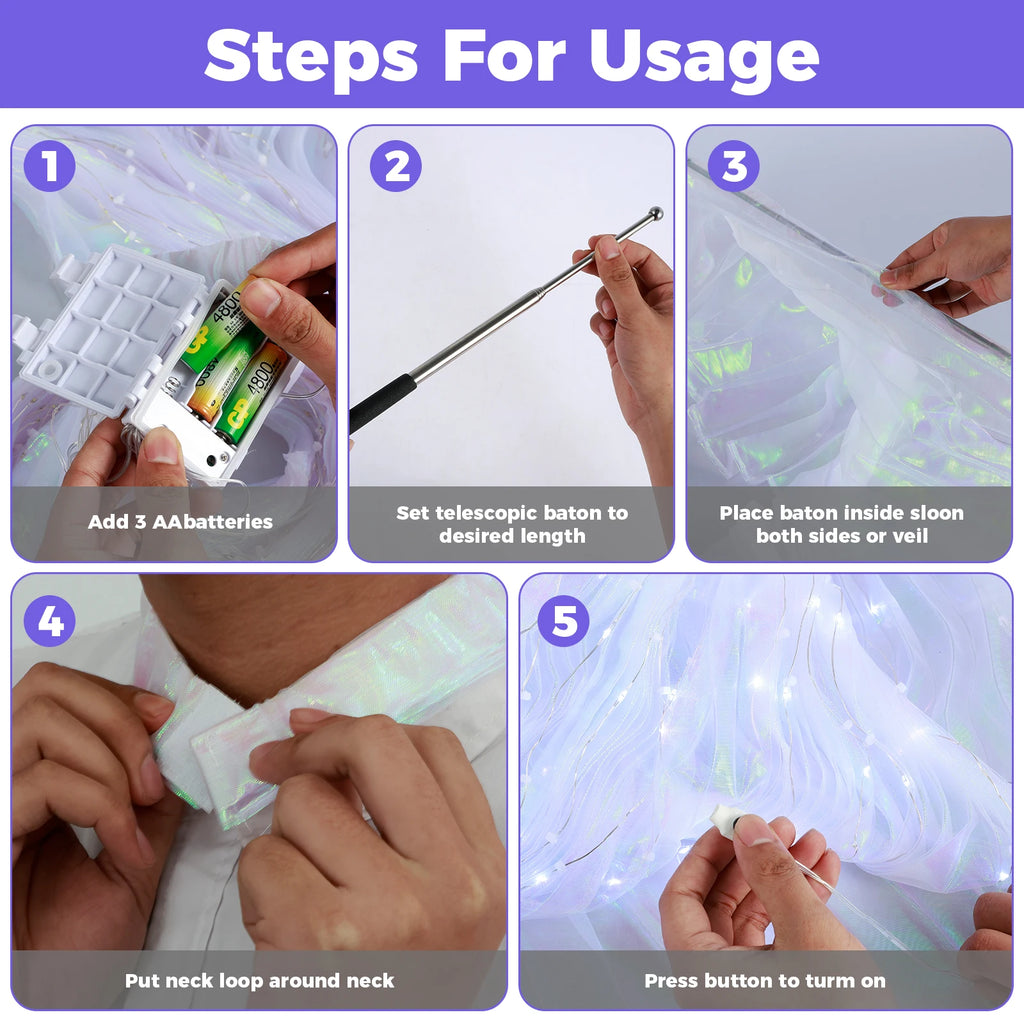 Step-by-step guide showing how to assemble and use an LED light-up veil with telescopic baton.
