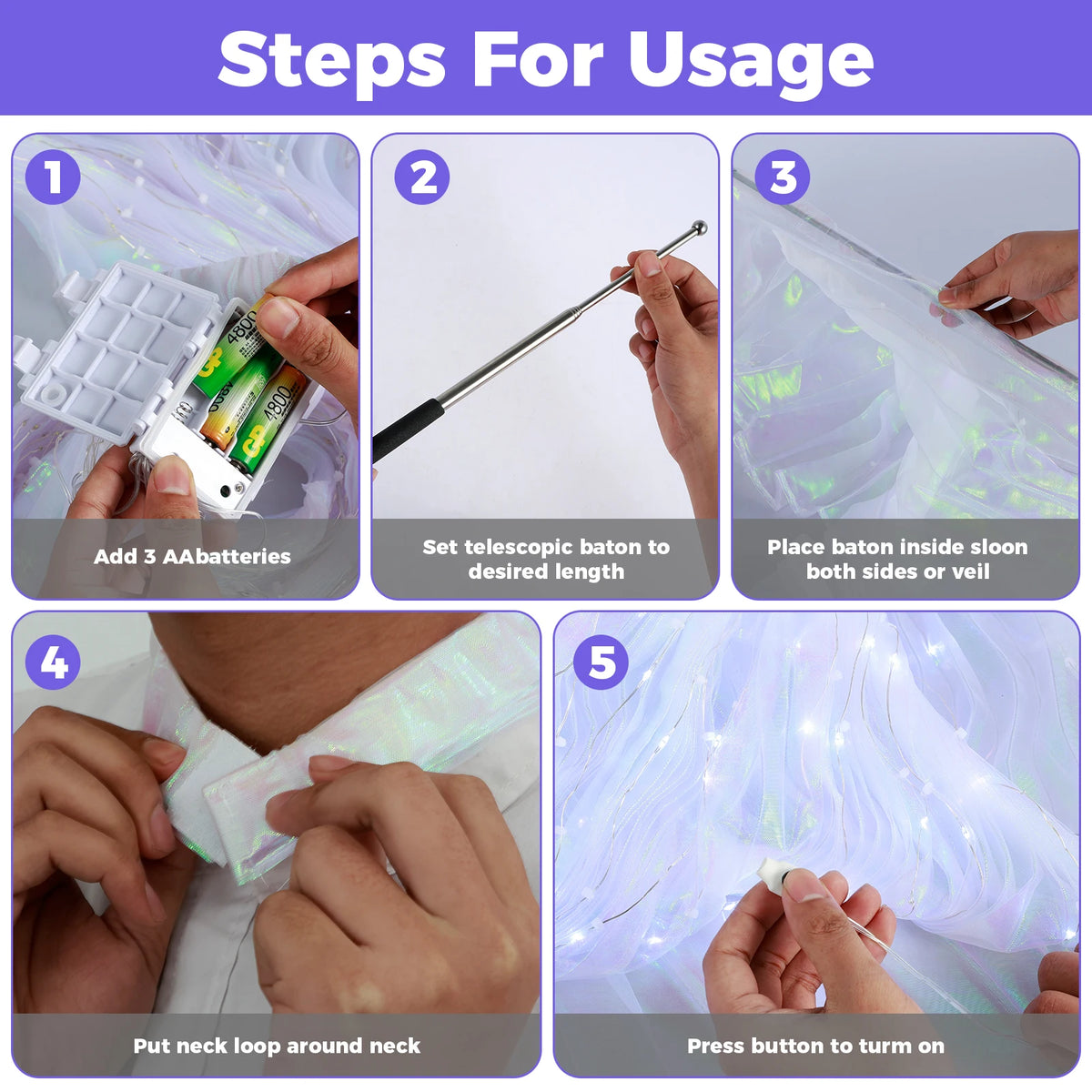 Step-by-step guide showing how to assemble and use an LED light-up veil with telescopic baton.
