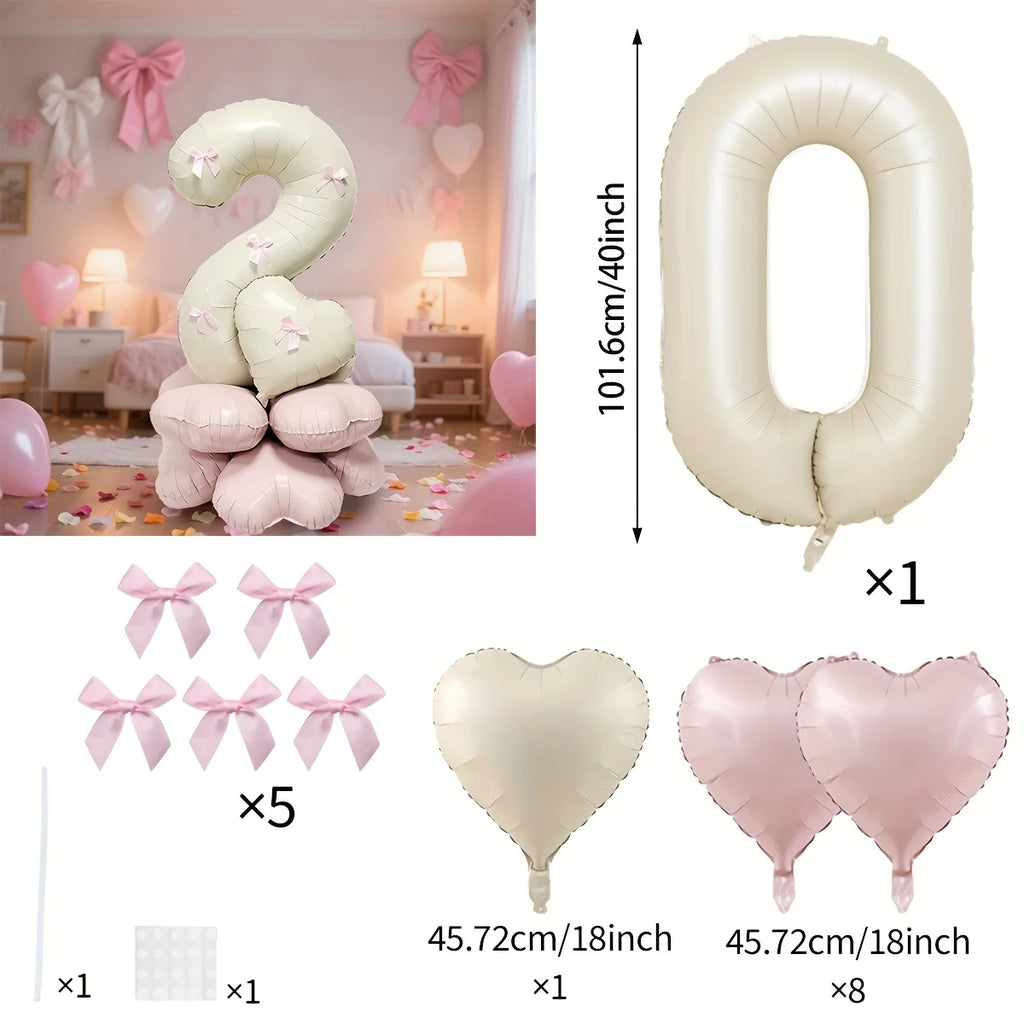 40-Inch Cream White Number Balloon Set – Heart Foil Decor for Kids Birthday