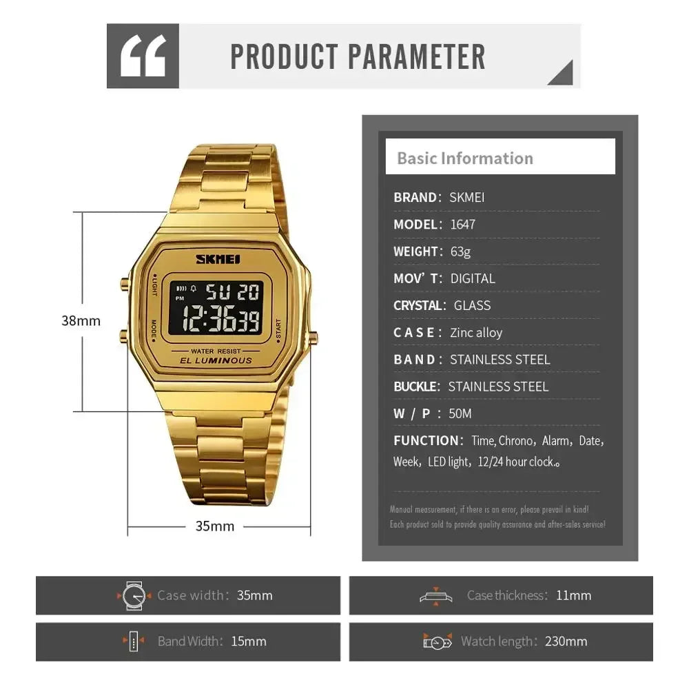 Retro LED Digital Watch – Stainless Steel Wristwatch for Men