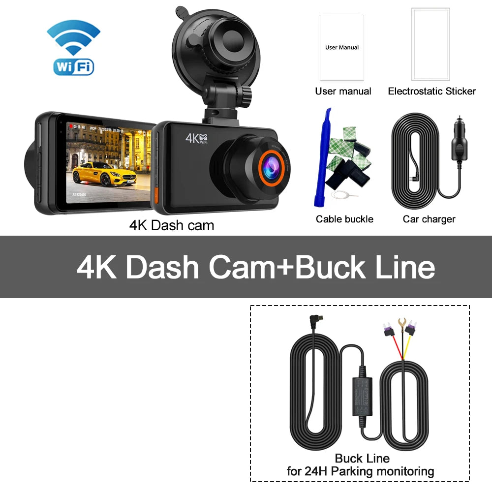 4K Dash Cam – Front and Rear WiFi Video Recorder for Vehicle Parking Safety