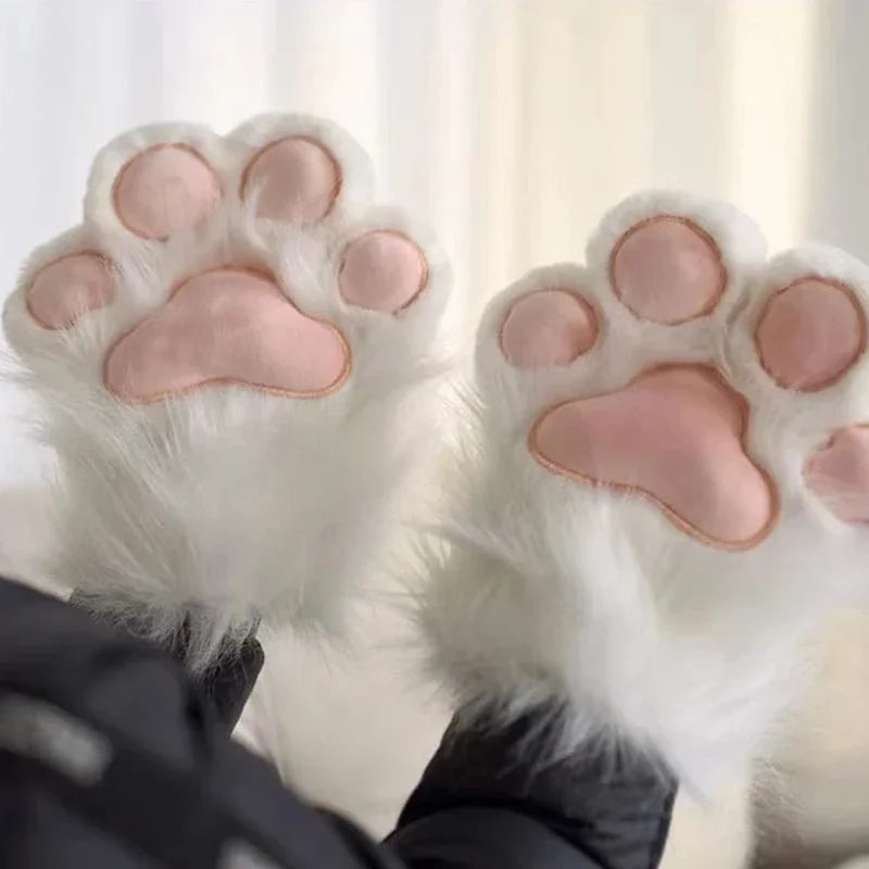 White plush cat paw gloves with pink pads, novelty winter accessory for home or costume use