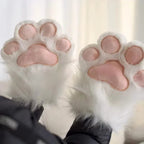 White plush cat paw gloves with pink pads, novelty winter accessory for home or costume use