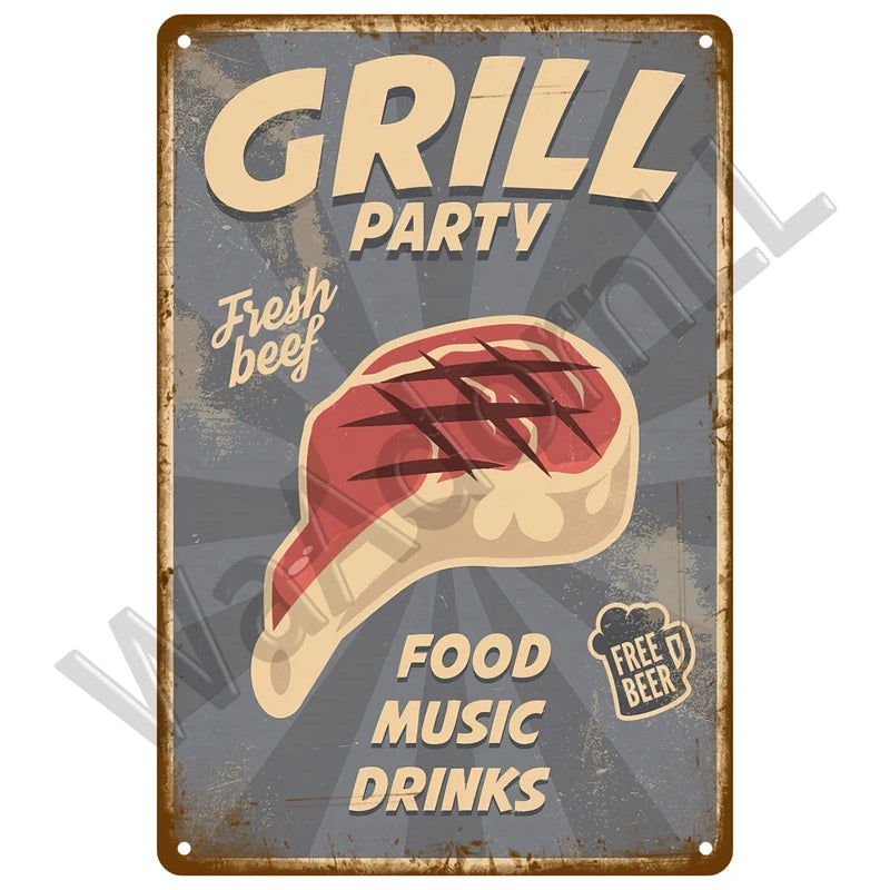 Vintage Metal BBQ Sign – Retro Tin Wall Plaque for Backyard Garden Decor