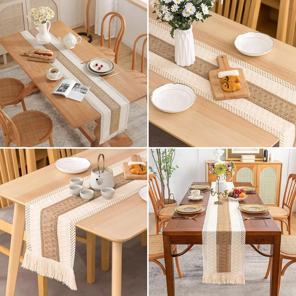 Boho Linen Table Runner – Rustic Macrame with Tassels for Farmhouse Decor