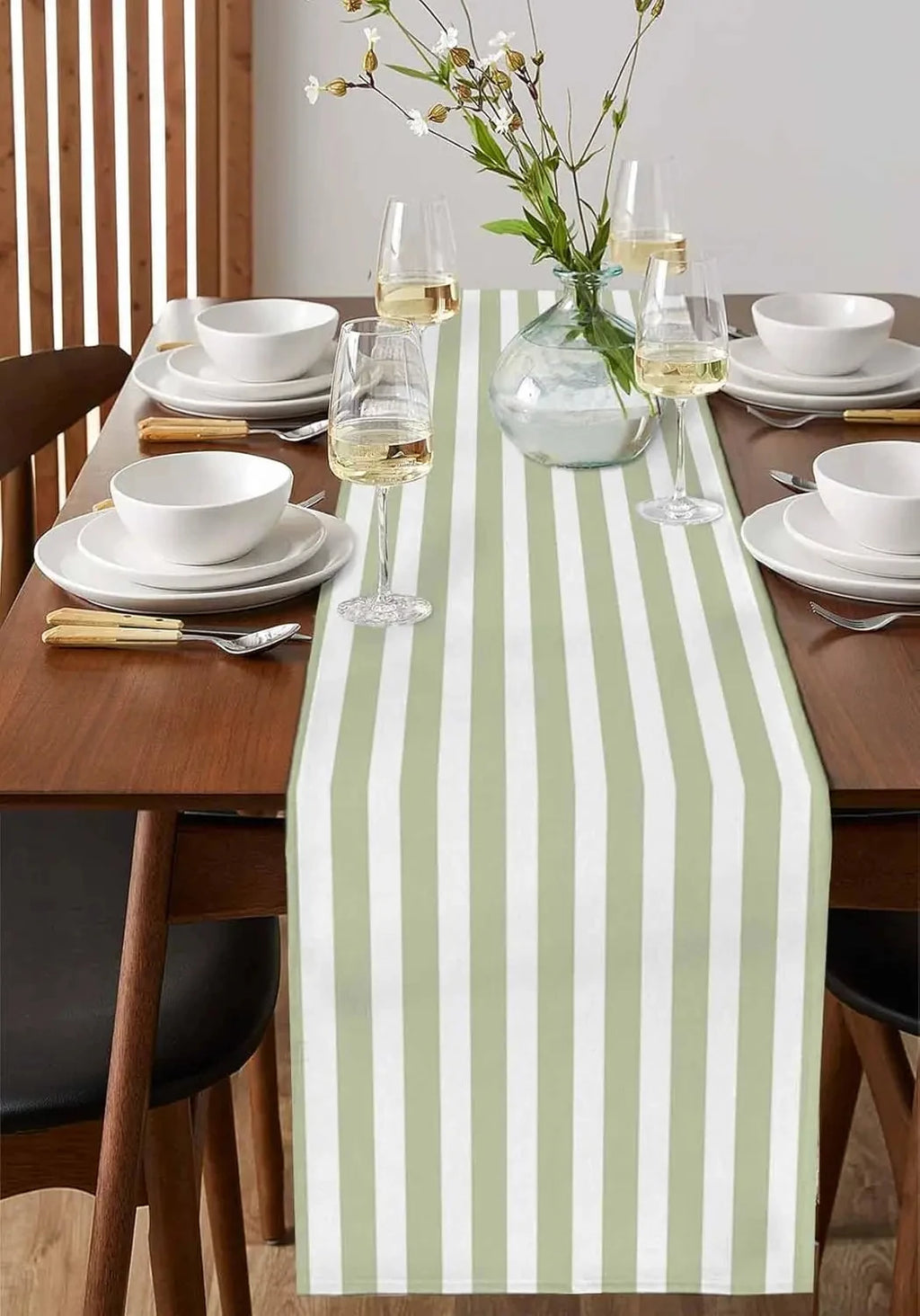 Sage Green Striped Table Runner – Minimalist Decor for Dining Room Tables