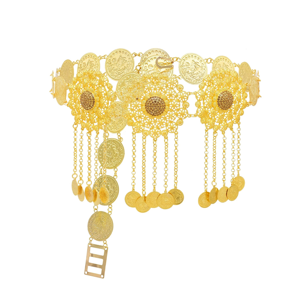 Gold coin belt with intricate filigree designs and dangling coin accents, traditional jewelry