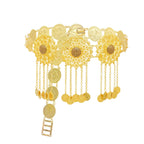 Gold coin belt with intricate filigree designs and dangling coin accents, traditional jewelry