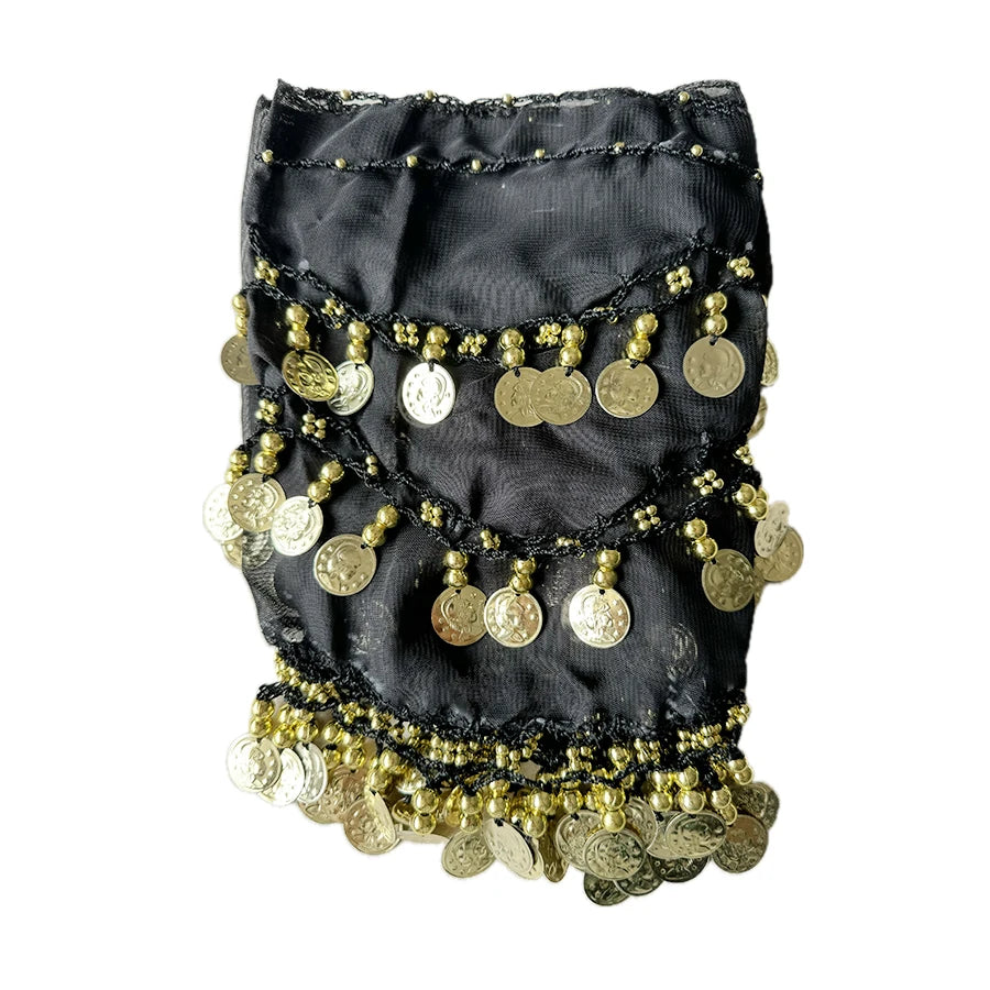 Black belly dance hip scarf with gold coin trim and bead accents, isolated on white background