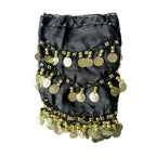 Black belly dance hip scarf with gold coin trim and bead accents, isolated on white background