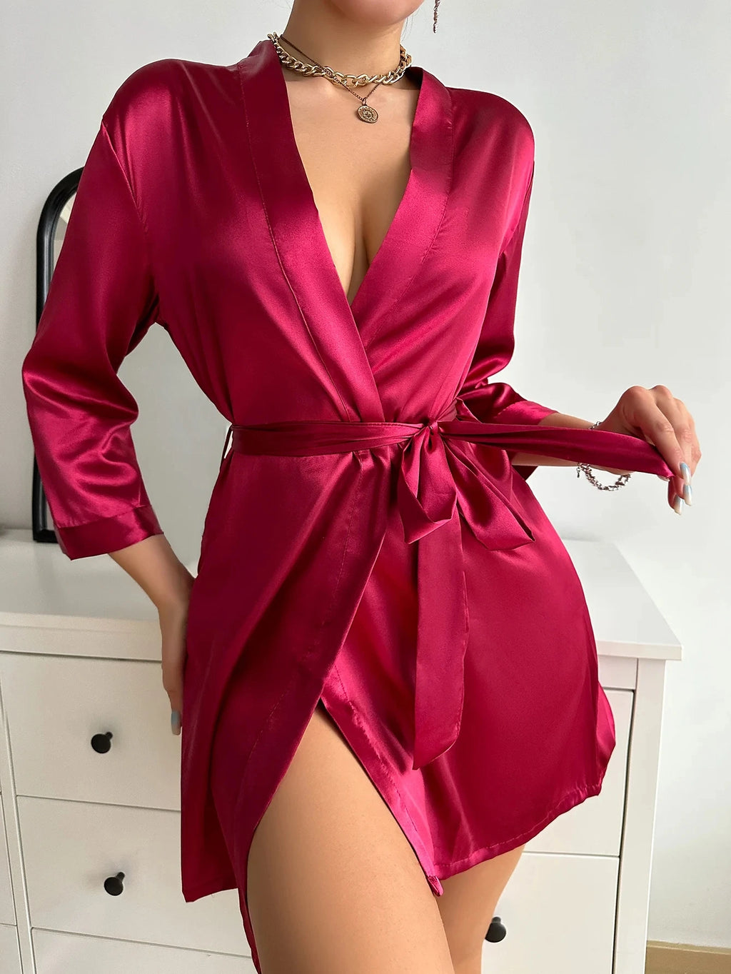 Satin Long Sleeve V-Neck Robe – Women's Silk-Feel Sleepwear Loungewear