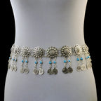Boho silver waist belt with floral medallions, turquoise beads, and dangling coins
