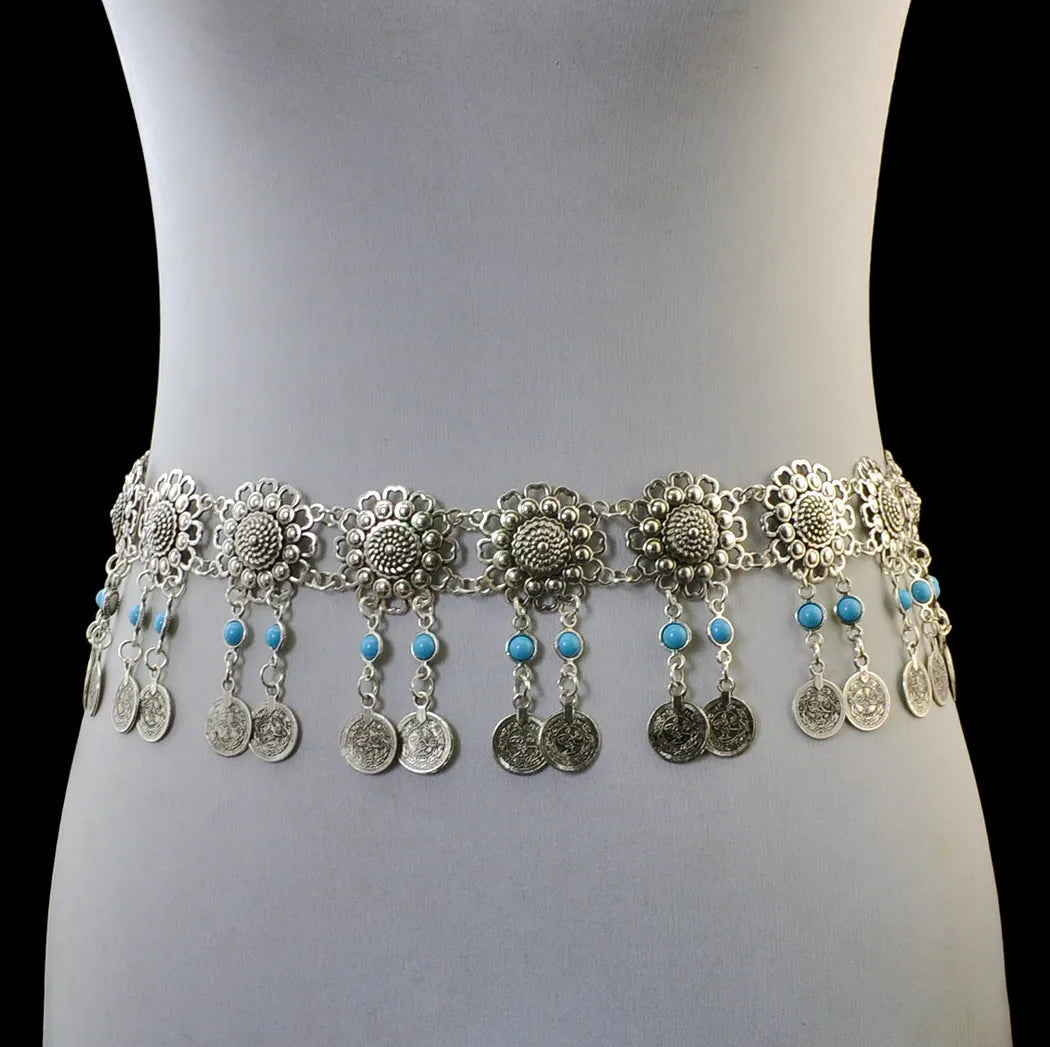 Boho silver waist belt with floral medallions, turquoise beads, and dangling coins