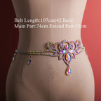Iridescent rhinestone belly chain with ornate crystal design on mannequin, sparkling waist belt