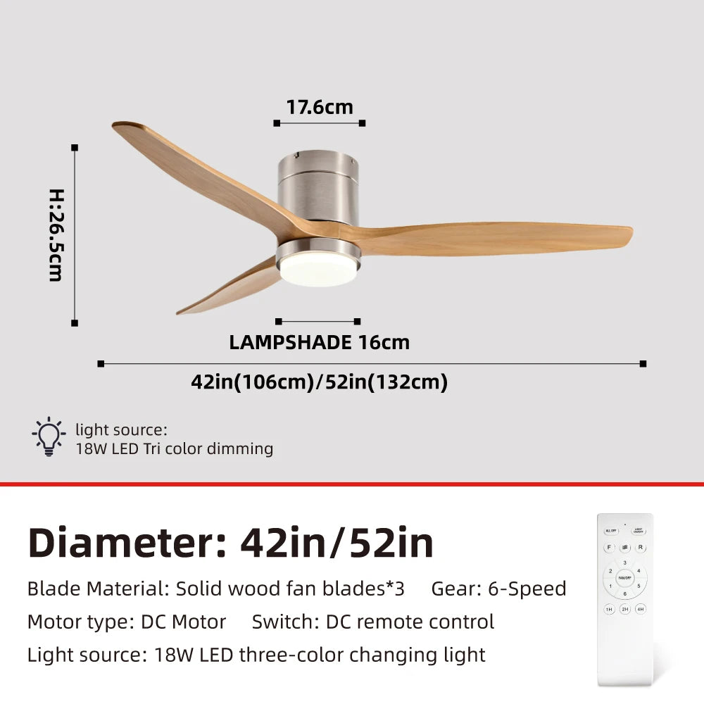 Solid Wood Ceiling Fan – 42/52 Inch LED Light for Living Room Dining