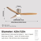 Solid Wood Ceiling Fan – 42/52 Inch LED Light for Living Room Dining