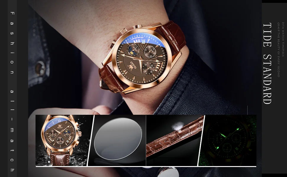 OLEVS Quartz Men's Watch – Luxury Waterproof Leather Wristwatch for Business