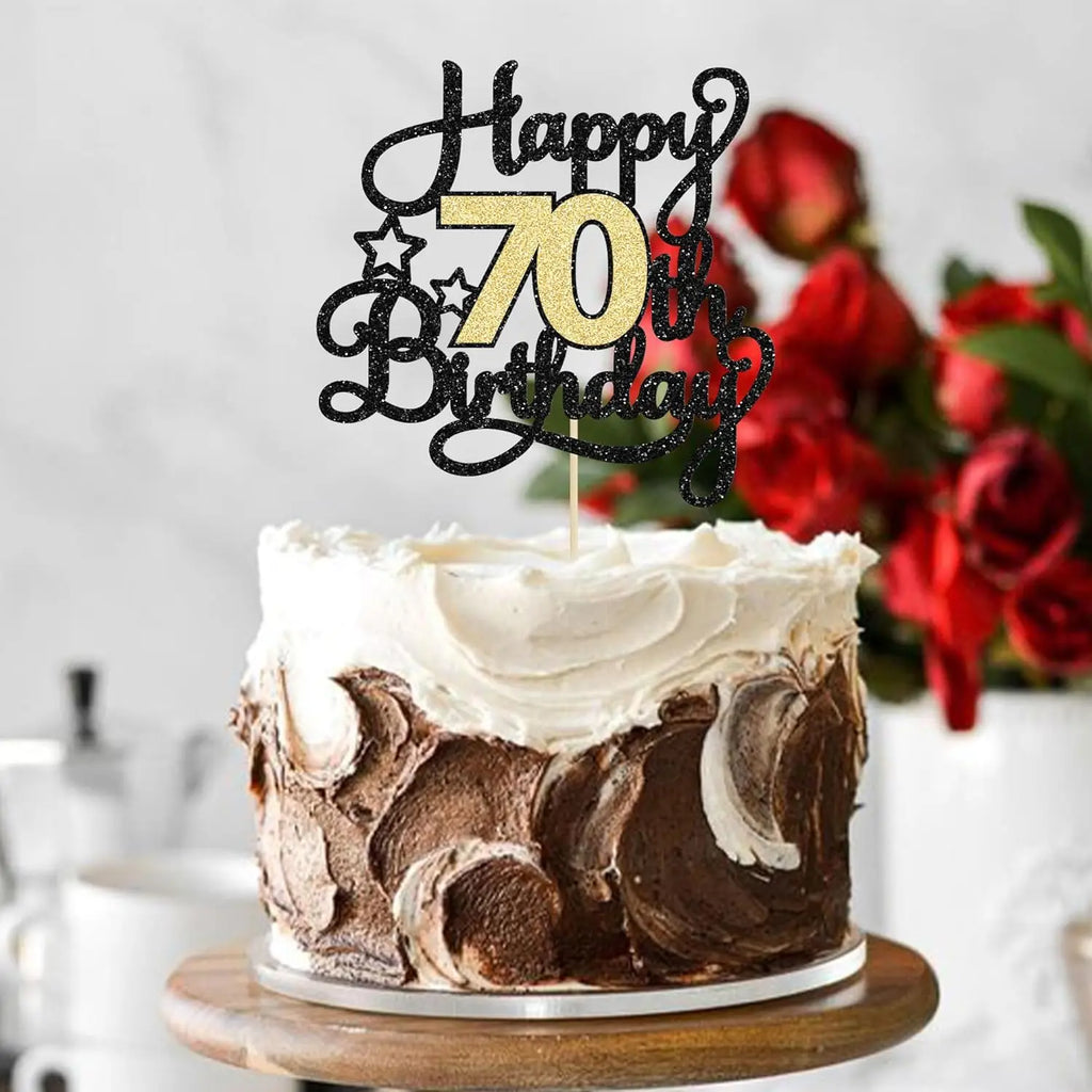 Black and Gold Glitter Cake Topper – Cheers to 70 Years for Birthday Parties