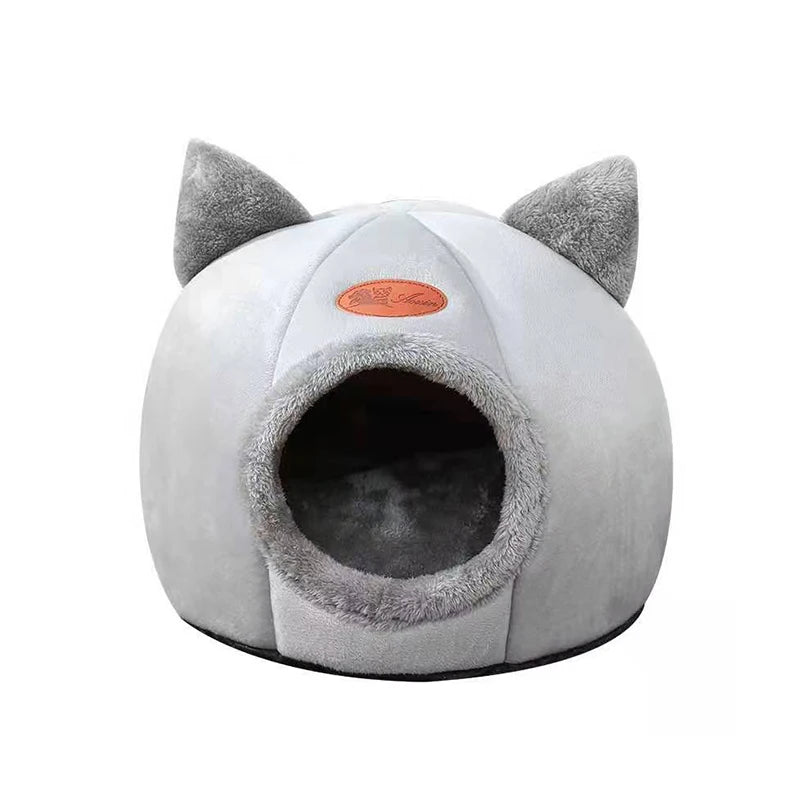 Plush Cat Shape Bed – Semi-Closed Warm Cave for Pet Sleeping