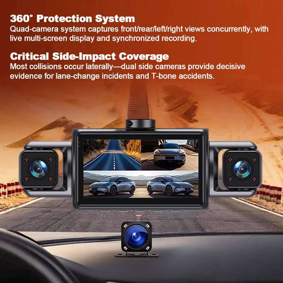 4-Channel Dash Cam – 360° WiFi Video Recorder for 24H Car Parking Surveillance