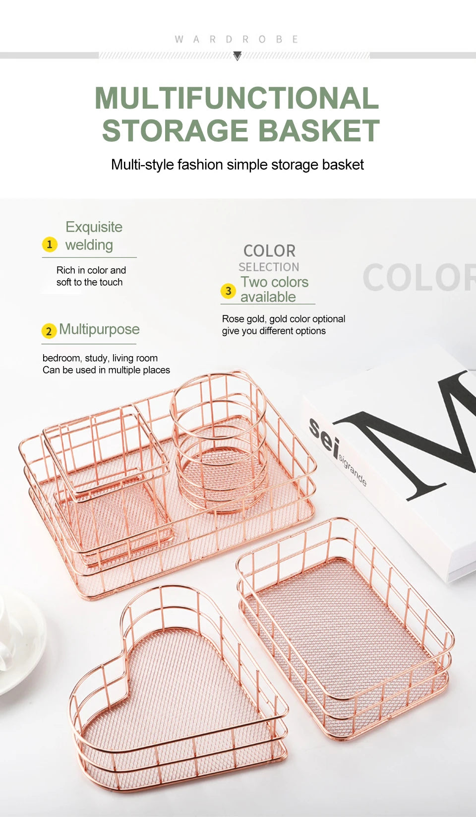 Gold Iron Storage Basket – Geometric Desktop Organizer for Makeup Brushes
