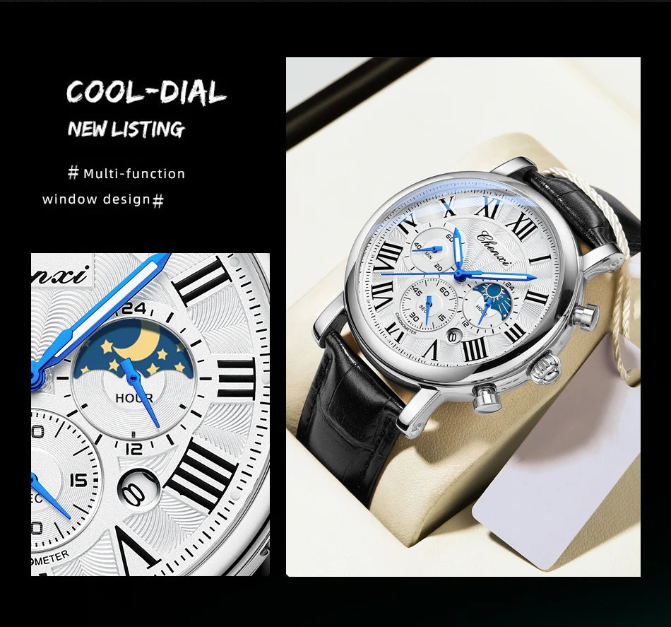 Leather Quartz Chronograph Watch – Men's Moon Phase Business Wristwatch